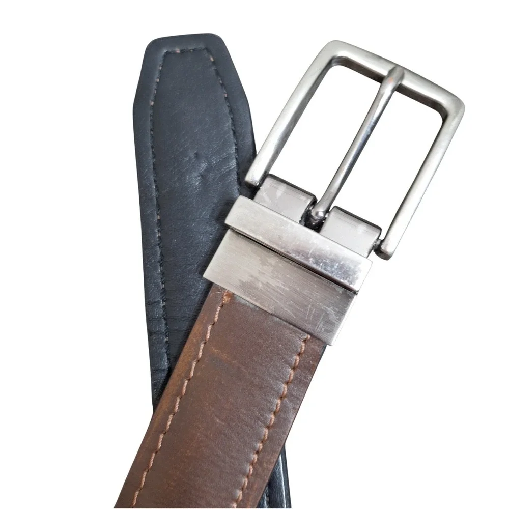 Men's Size 40 Reversible Leather Belt Black Brown Silver Swivel Buckle WM-19820